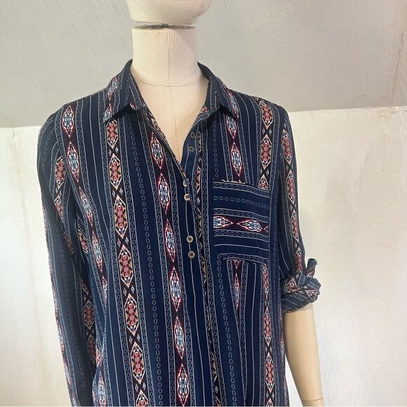 Entro Navy Blue Southwestern Pattern Shirtdress with rolled up sleeves - Picture 3 of 16
